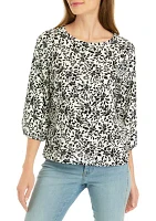 Petite Printed Moss Crepe Crew Neck Top with 3/4 Puff Cuff Sleeves