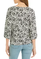 Petite Printed Moss Crepe Crew Neck Top with 3/4 Puff Cuff Sleeves