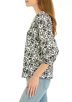 Petite Printed Moss Crepe Crew Neck Top with 3/4 Puff Cuff Sleeves