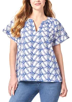 Women's Short Sleeve Popover Shirred Neck Blouse