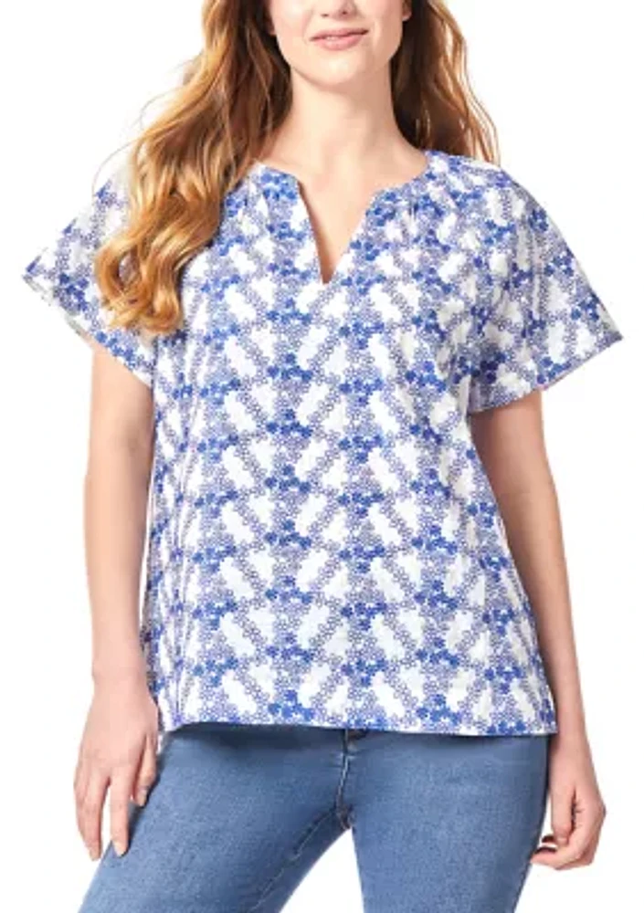 Petite Short Sleeve Popover Shirred Split Neck Blouse