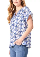 Petite Short Sleeve Popover Shirred Split Neck Blouse