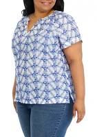 Plus Short Sleeve Embroidered Popover Top