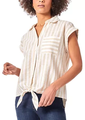 Women's Cap Sleeve Tie Front Button Down Blouse