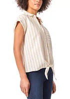 Women's Cap Sleeve Tie Front Button Down Blouse