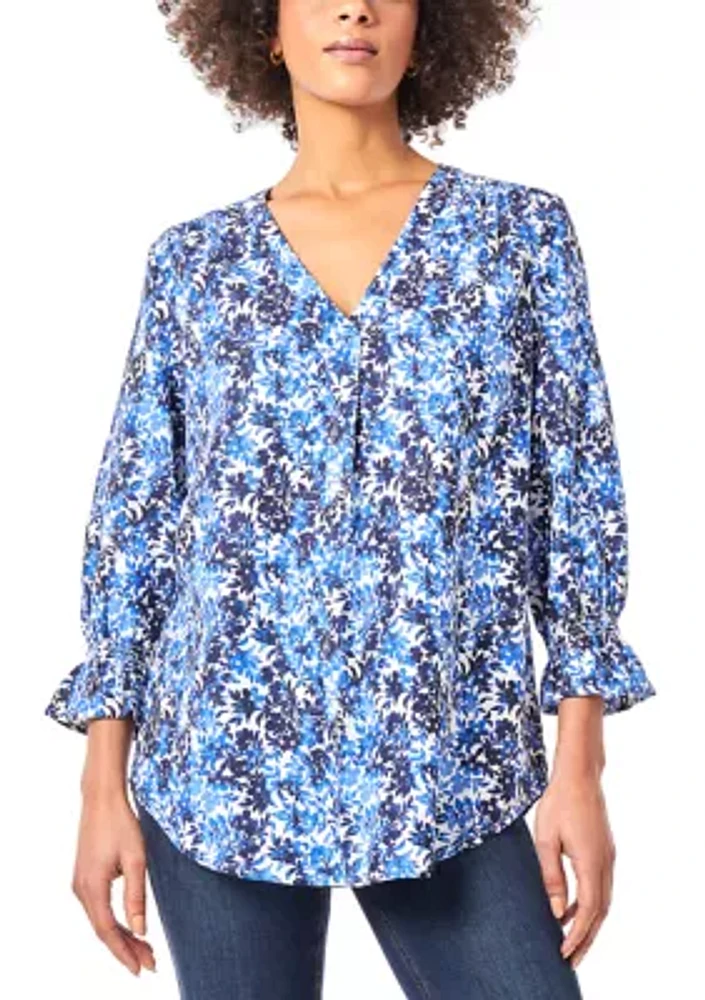 Petite 3/4 Sleeve Printed Pleated Front Blouse with Smocked Cuffs