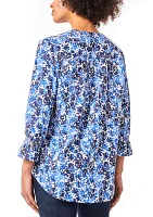 Petite 3/4 Sleeve Printed Pleated Front Blouse with Smocked Cuffs