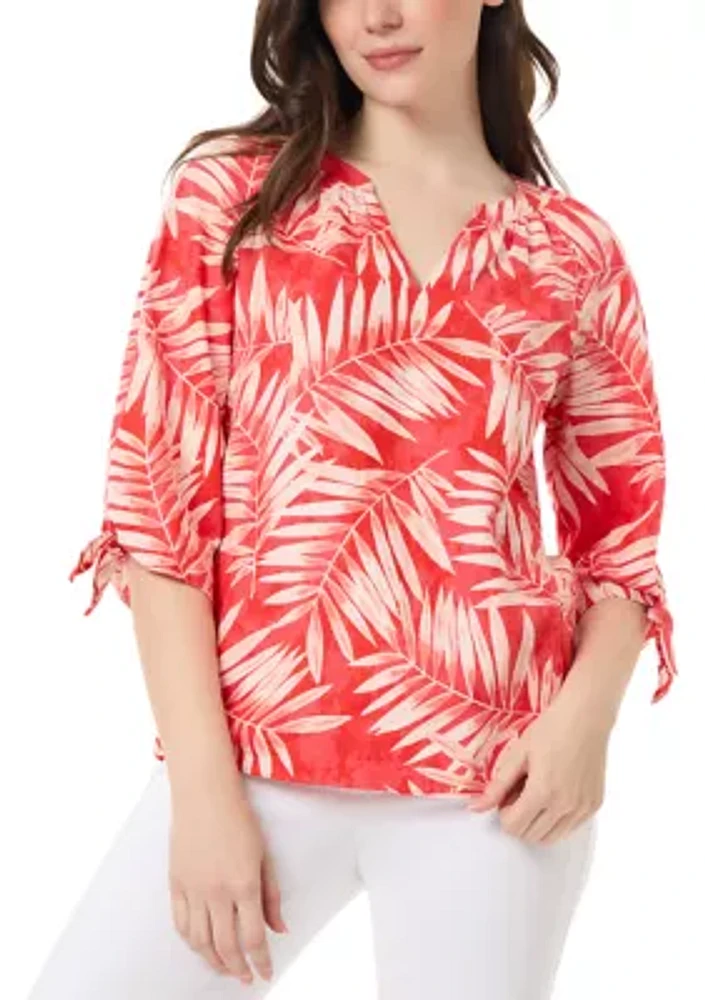 Women's Elbow Tie Sleeve Printed Linen Blouse