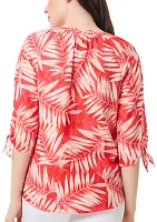 Women's Elbow Tie Sleeve Printed Linen Blouse