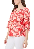 Women's Elbow Tie Sleeve Printed Linen Blouse