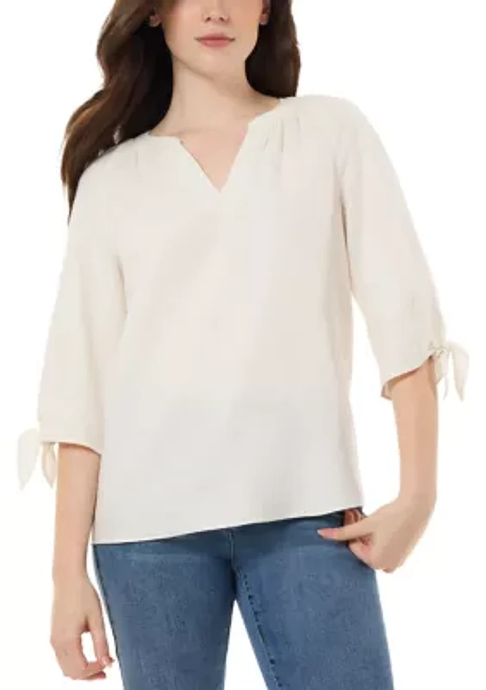 Petite Elbow Length Sleeve Closed Slit Tie Raglan Blouse