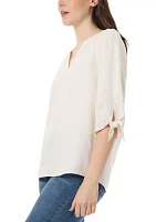 Petite Elbow Length Sleeve Closed Slit Tie Raglan Blouse