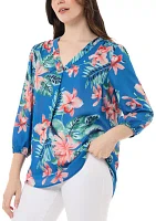 Women's 3/4 Sleeve Printed V-Neck Blouse