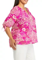 Plus Printed Tie Sleeve Blouse