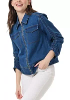 Women's Long Sleeve Shirred Denim Jacket