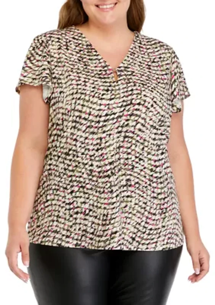 Plus Printed Moss Crepe V-Neck Top Flutter Sleeve with Tube Trim