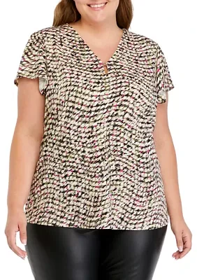 Plus Printed Moss Crepe V-Neck Top Flutter Sleeve with Tube Trim