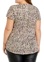 Plus Printed Moss Crepe V-Neck Top Flutter Sleeve with Tube Trim