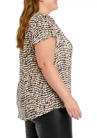 Plus Printed Moss Crepe V-Neck Top Flutter Sleeve with Tube Trim