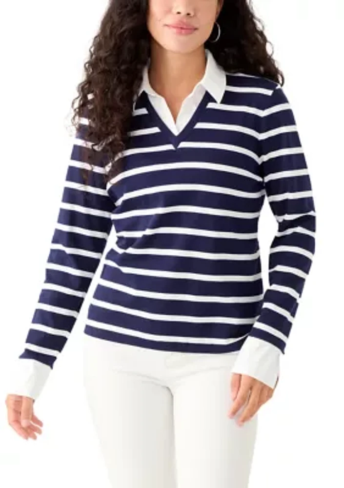 Petite Long Sleeve Stripe Popover Top