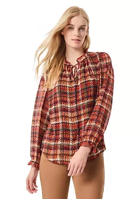 Women's Long Sleeve Plaid Print Chiffon Blouse