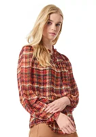 Women's Long Sleeve Plaid Print Chiffon Blouse