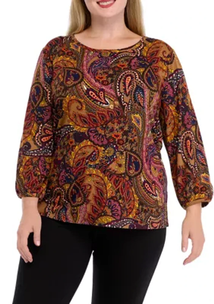 Plus 3/4 Puff Sleeve Cuffed Printed Moss Crepe Top