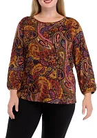 Plus 3/4 Puff Sleeve Cuffed Printed Moss Crepe Top