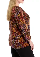 Plus 3/4 Puff Sleeve Cuffed Printed Moss Crepe Top