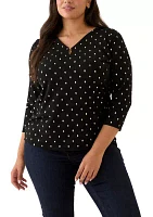 Plus 3/4 Sleeve Printed V-Neck Top