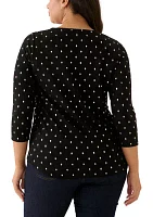 Plus 3/4 Sleeve Printed V-Neck Top