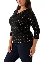 Plus 3/4 Sleeve Printed V-Neck Top