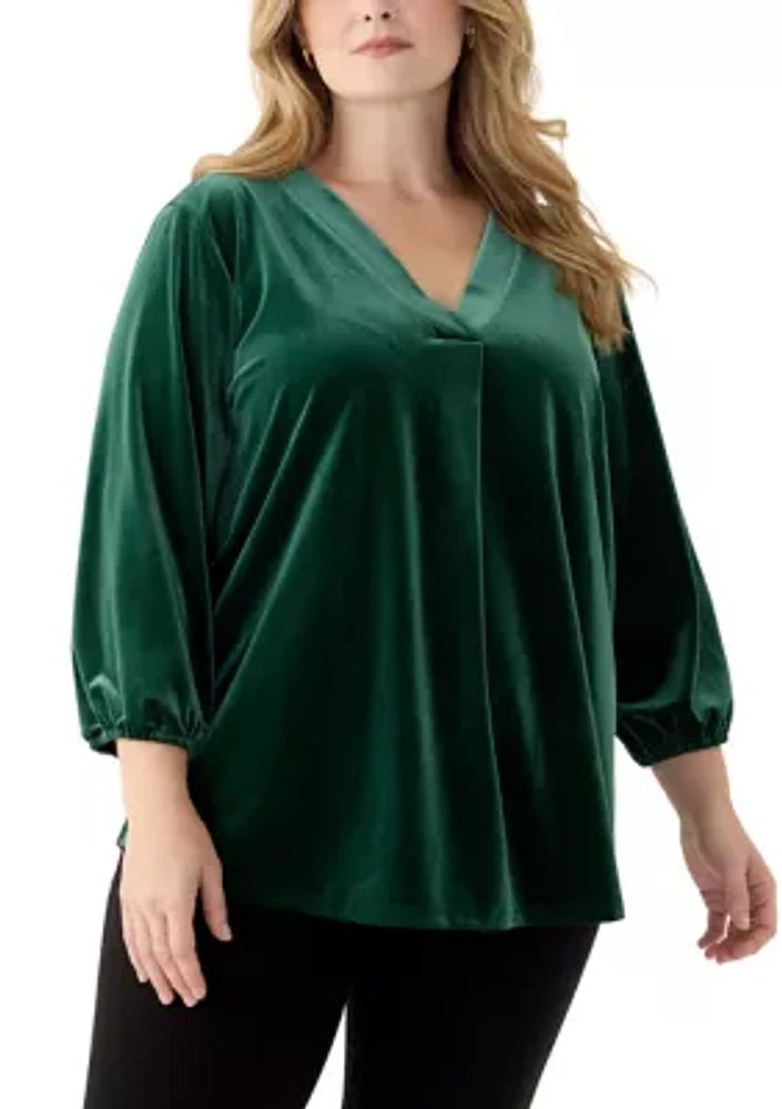 Plus 3/4 Sleeve Pleat Front Velour Top