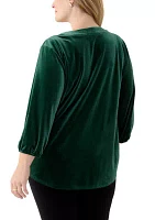 Plus 3/4 Sleeve Pleat Front Velour Top