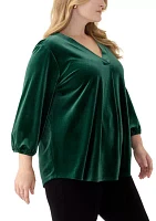 Plus 3/4 Sleeve Pleat Front Velour Top