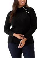 Plus Ribbed Raglan Sleeve Pullover with Neck Pleats