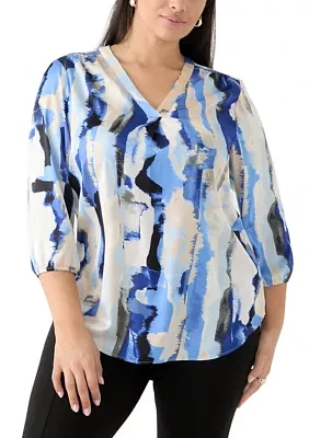 Plus 3/4 V-Neck Printed Satin Tunic