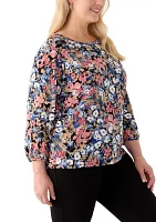 Plus 3/4 Puff Sleeve Crew Neck Crepe Top