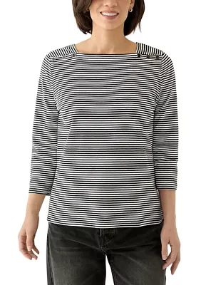Petite Mini Yarn Dyed Feeder Stripe 3/4 Sleeve Square Neck Top