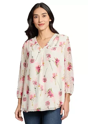 Petite V-Neck Tunic Top with Elastic Cuff Sleeves