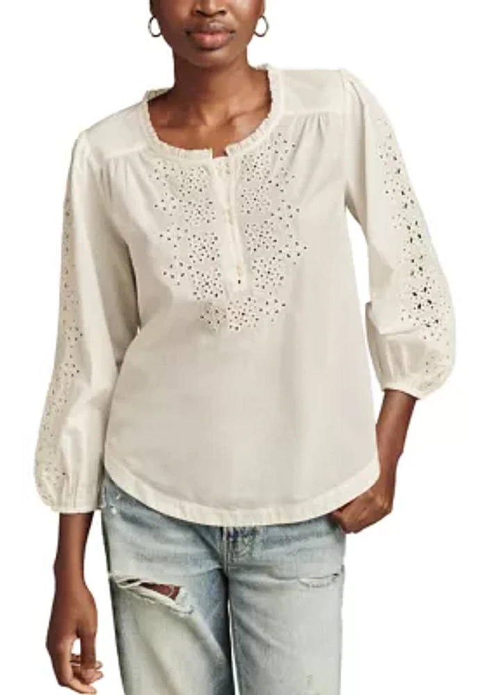 Women's Button Front Eyelet Peasant Top