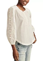 Women's Button Front Eyelet Peasant Top