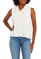 Women's Sleeveless Micro Pleated Button Down Shirt