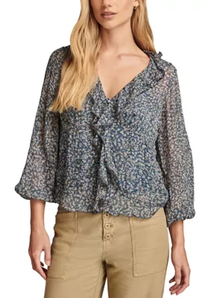 Women's Blouson Sleeve Chiffon Button Front Ruffle Top