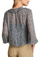 Women's Blouson Sleeve Chiffon Button Front Ruffle Top