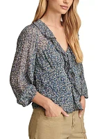 Women's Blouson Sleeve Chiffon Button Front Ruffle Top