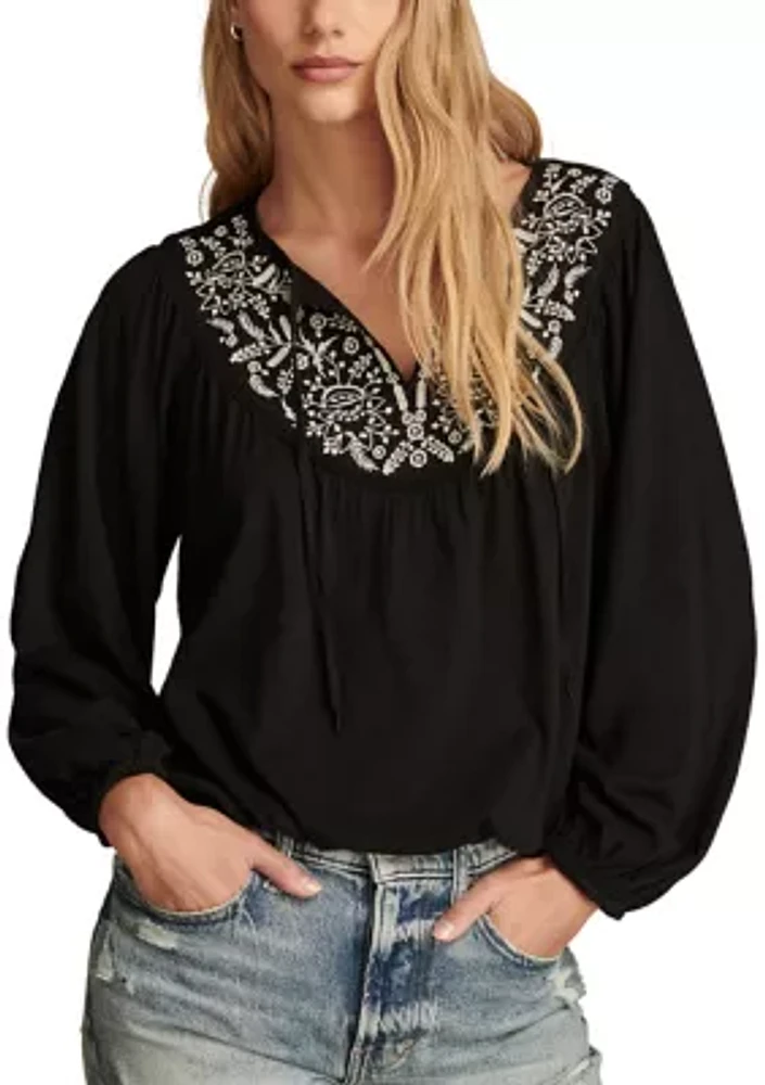 Women's Contrast Embroidered Peasant Top