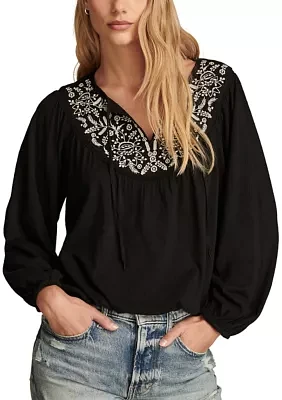 Women's Contrast Embroidered Peasant Top