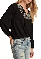 Women's Contrast Embroidered Peasant Top