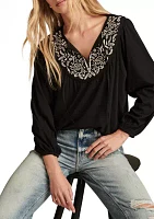 Women's Contrast Embroidered Peasant Top